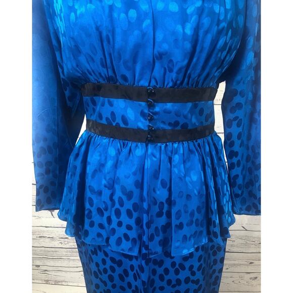 Vintage Silk Studio Blue & Black polkadot fitted waist top & skirt size 12 - Picture 11 of 12